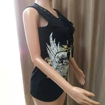 Yousheng женская летняя футболка с V-образным вырезом, шнуровкой, регулируемыми бретельками, без рукавов, с принтом букв и черепов, облегающий пуловер в стиле панк M чёрный