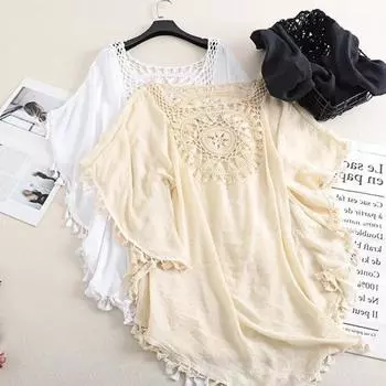 Yousheng женская летняя купальная одежда, повседневная пляжная сорочка с открытыми плечами и кисточками, свободная прозрачная накидка на бикини для загара на пляже у бассейна чёрный