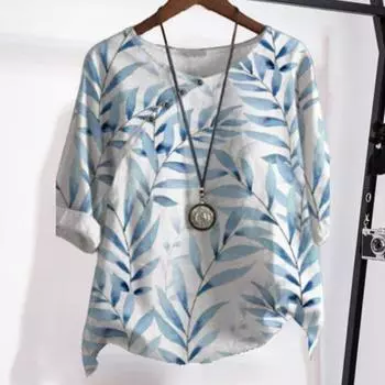 Yousheng Женская летняя рубашка с круглым вырезом и коротким рукавом, свободный крой, пуловер, топы в стиле ретро с принтом листьев и пуговицами, тонкая рубашка XL