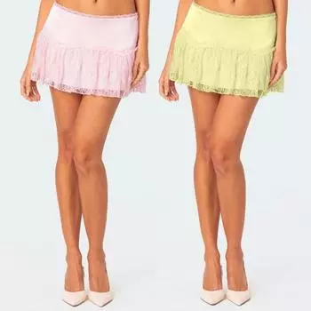 Yousheng Женская мини-юбка с низкой талией, кружевной строчкой, эластичной многослойной плиссированной оборкой, короткая юбка А-силуэта, струящаяся юбка с цветочным подолом L белый