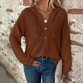 Yousheng Женская осенне-зимняя толстовка с капюшоном, свободная, на пуговицах, с завязками, однотонная, с длинными рукавами, свободная, повседневная спортивная блузка S