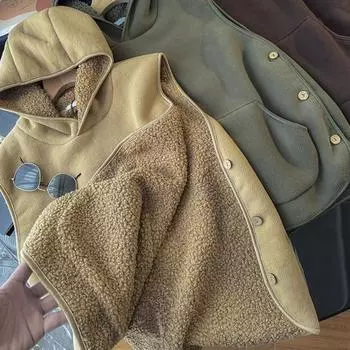 Yousheng Женская осенне-зимняя жилетка с капюшоном, застежкой на пуговицы сбоку, флисовая термоизоляция, однотонная, с передним карманом, повседневная толстовка с капюшоном M армия зеленый