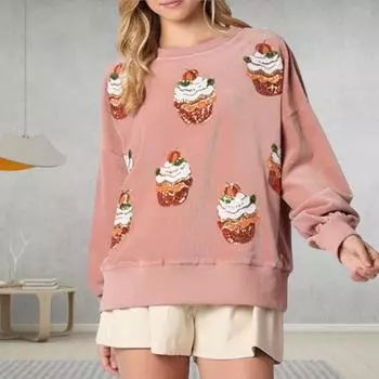 Yousheng Женская Осенняя Весна Толстовка С Блестками Узор Кекс Круглый Вырез Свободные Длинные Рукава Рождественская Тема Новогодняя Вечеринка Повседневный Топ S розовый