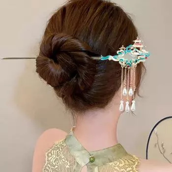 Yousheng Женская палочка для волос в китайском винтажном стиле с кисточкой из нержавеющей стали, декоративные аксессуары для костюма Ханфу, аксессуары для головы, палочки для еды, держатель для прически для булочек зелёный