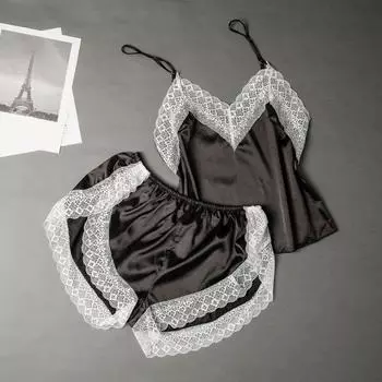 Yousheng Женская пижама комплект кружевная отделка пижама домашняя одежда V-образный вырез без рукавов топ и шорты комплект сексуальный ледяной шелк пижамы S розовый