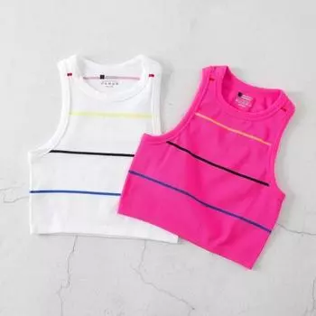 Yousheng Женская полосатая майка без рукавов с круглым вырезом, облегающий жилет, летний ребристый укороченный топ для повседневной носки, пляжного спорта M белый
