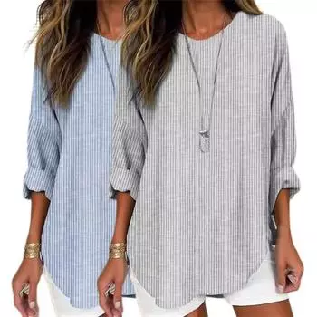 Yousheng Женская повседневная рубашка с круглым вырезом и длинными рукавами, свободный крой, топы, рубашка средней длины с принтом в вертикальную полоску, повседневная одежда 2XL синий