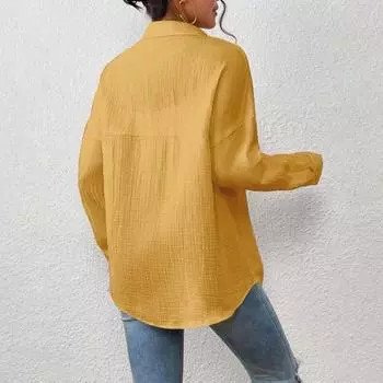 Yousheng Женская повседневная рубашка с лацканами, длинным рукавом, на пуговицах, повседневный топ с накладным карманом, однотонная свободная блузка для работы и отдыха, повседневная одежда S белый