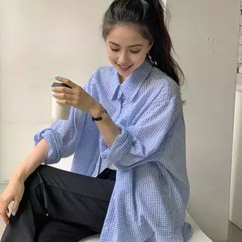 Yousheng Женская повседневная рубашка с лацканами и длинным рукавом, базовая рубашка в повседневном стиле, рубашка средней длины с клетчатым принтом, топы, свободная рубашка XL розовый