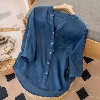 Yousheng Женская повседневная рубашка с v-образным вырезом и рукавами 3/4, однотонная рубашка, топы, однобортный свободный крой, тонкий вечерние повседневный топ 2XL светло-синий