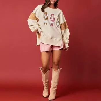 Yousheng Женская рождественская толстовка с пайетками и мультяшным рисунком, разрезом по низу, цветным блоком, круглым вырезом, длинным рукавом, свободным пуловером средней длины, праздничный топ для вечеринки S хаки