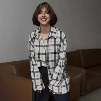 Yousheng Женская рубашка с длинным рукавом, клетчатым принтом, отворотом, карманом-клапаном, свободным кроем, планкой на пуговицах, рубашка средней длины S