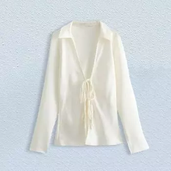 Yousheng Женская рубашка с длинным рукавом с лацканами и шнуровкой Сексуальный полый эффект Шелковый атлас с текстурой и бантом Сплошной цвет Рубашка Топы S чёрный