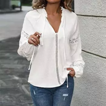 Yousheng Женская рубашка с круглым вырезом и длинными рукавами-фонариками, однотонная жаккардовая отделка, кружевная блузка со шнуровкой S белый