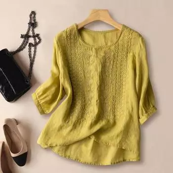 Yousheng женская рубашка с круглым вырезом и коротким рукавом, вышитый цветочный узор, топы, однотонная тонкая ретро-блузка, повседневная одежда M жёлтый