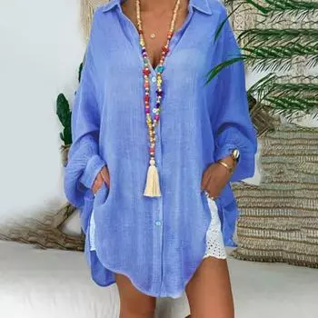 Yousheng женская рубашка с лацканами, длинный рукав, однобортная повседневная рубашка, однотонная свободная рубашка средней длины, повседневная одежда S фиолетовый