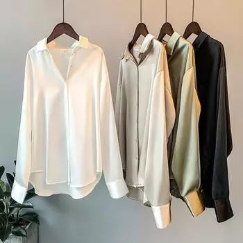 Yousheng женская рубашка с лацканами, длинный рукав, однобортная рубашка, топы, однотонная, гладкая, атласная, свободная, универсальная рубашка M чёрный
