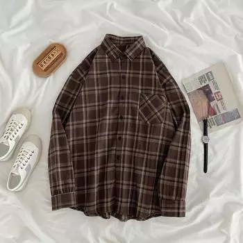 Yousheng женская рубашка с лацканами, длинный рукав, клетчатый принт, рубашка, топы с карманами, однобортная свободная рубашка, топы для повседневной носки XXXL коричневый