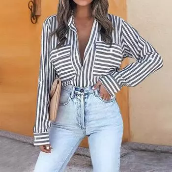 Yousheng женская рубашка с лацканами, длинным рукавом, полосатым принтом, рубашка с накладными карманами, однобортная, свободного кроя, повседневная офисная рубашка для улицы L королевский синий