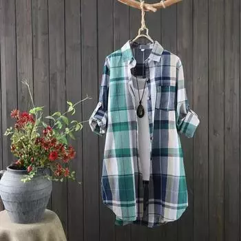 Yousheng женская рубашка с лацканами, длинным рукавом, цветной клетчатый принт, рубашка с карманом, свободный крой, однобортная рубашка средней длины S жёлтый