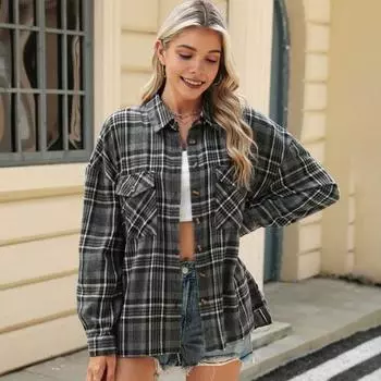 Yousheng женская рубашка с лацканами, длинным рукавом, карманами-клапанами, повседневная рубашка, однобортная, стиль для поездок на работу, свободная рубашка, пальто, повседневная одежда S серый