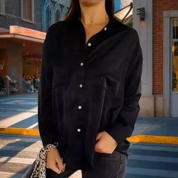 Yousheng женская рубашка с лацканами, длинными рукавами, накладными карманами, однотонная свободная однобортная офисная женская рубашка S чёрный