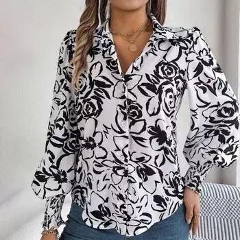 Yousheng женская рубашка с лацканами-фонариками, длинными рукавами, эластичными манжетами, повседневные топы, однобортная рубашка с цветочным узором, уличная одежда S темно-синий