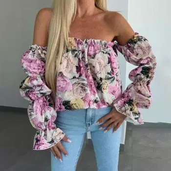 Yousheng женская рубашка с открытыми плечами, расклешенный длинный рукав, дизайнерский пуловер, топы с цветочным принтом, свободная рубашка, повседневная офисная одежда S фиолетовый