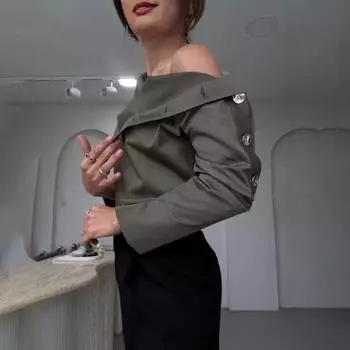 Yousheng Женская рубашка с пуговицами, водолазка с длинными рукавами, повседневная свободная рубашка, однотонная блузка с открытыми плечами S чёрный