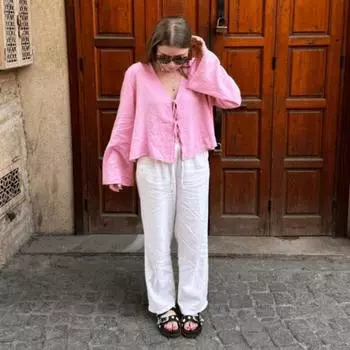 Yousheng женская рубашка с v-образным вырезом и длинным рукавом, свободная однотонная рубашка, топы, летняя рубашка-кардиган на шнуровке с бантом, топ с завязкой на галстуке L розовый