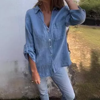 Yousheng женская рубашка с V-образным вырезом и длинным рукавом, застегивающаяся на пуговицы, с накладным карманом, однотонная, стандартного кроя, повседневные топы L синий