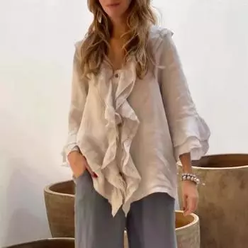 Yousheng женская рубашка с V-образным вырезом, рукавом 3/4, оборкой, стежкой, однотонный пуловер, свободный крой, повседневная блузка, повседневная одежда XXXL красный