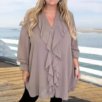 Yousheng женская рубашка с V-образным вырезом, длинным рукавом, оборками, повседневная рубашка, однотонные повседневные свободные топы, шифоновая блузка, повседневная одежда XXXL