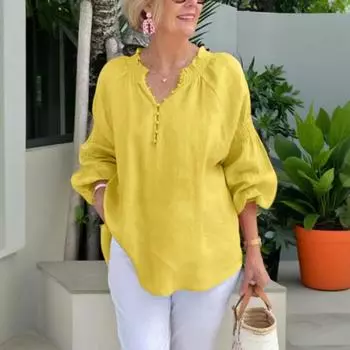 Yousheng женская рубашка с V-образным вырезом и эластичным воротником, рубашка с длинным рукавом, однотонная, свободная посадка, повседневный стиль, пуловер, топы, повседневная одежда M белый