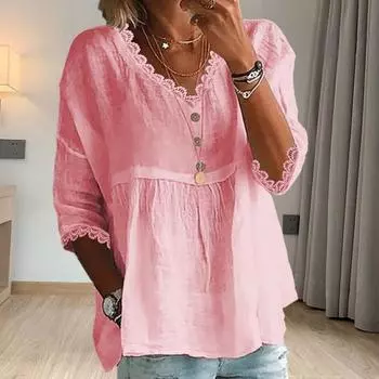 Yousheng женская рубашка с V-образным вырезом и рукавом 3/4, свободный крой, кружевные топы, однотонная свободная дышащая повседневная рубашка S небесно-голубой