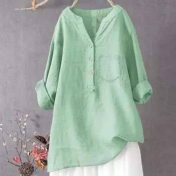 Yousheng женская рубашка с V-образным вырезом, пуговицами, рукавом 3/4, однотонный свободный крой, свободные топы, повседневная одежда L светло-зеленый