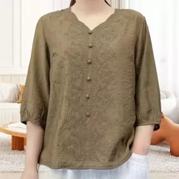 Yousheng женская рубашка с V-образным вырезом и коротким рукавом, вышитый цветочный узор, свободный крой, однотонная повседневная блузка, повседневная одежда XL розовый