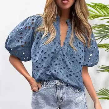 Yousheng Женская рубашка с воротником-стойкой, V-образным вырезом, коротким рукавом, ажурным вышитым цветочным узором, кружевная блузка, повседневные нарядные топы S