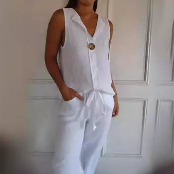 Yousheng Женская рубашка Топы V-образный вырез Без рукавов Декор пуговицами Свободный крой Пуловеры Топы Однотонные повседневные майки Уличная одежда L белый