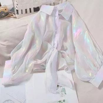 Yousheng Женская солнцезащитная рубашка с лацканами 3/4, рукава радуги, яркая цветная рубашка, однобортный топ с галстуком-бабочкой, тонкая шифоновая рубашка зелёный