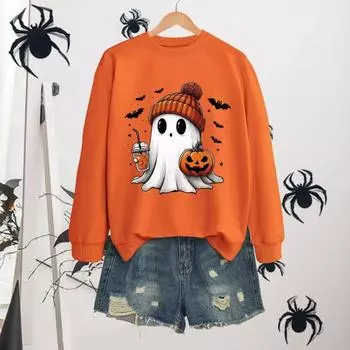 Yousheng Женская толстовка на Хэллоуин с принтом тыквы и летучей мыши, привидения, круглый вырез, длинные рукава, пуловер, топ, повседневная одежда, спортивная толстовка для поездок на работу S оранжевый