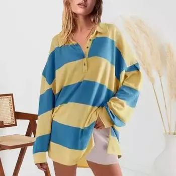 Yousheng Женская толстовка с цветными блоками, полосатым отложным воротником, длинными рукавами, пуговицами, свободным пуловером, повседневная домашняя одежда, спортивная одежда S хаки