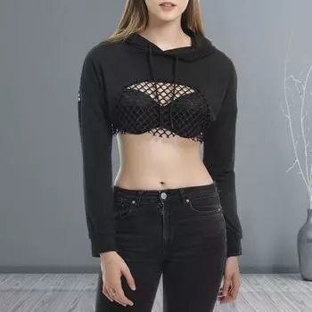 Yousheng Женская толстовка с капюшоном, ажурная сетка, пэчворк, с капюшоном, длинными рукавами, завязками на талии, однотонная уличная одежда, укороченный топ для клубной вечеринки M чёрный