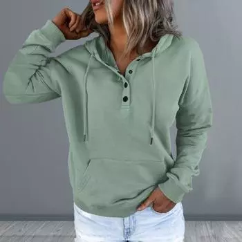 Yousheng Женская толстовка с капюшоном на осень-зиму с длинным рукавом, свободный пуловер с большим карманом и пуговицами, декорированная завязками, повседневная мягкая теплая толстовка с капюшоном и эластичными манжетами для женщин L мятный зеленый
