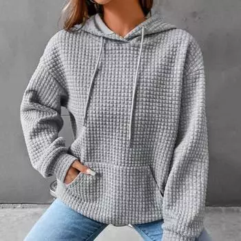 Yousheng Женская толстовка с капюшоном на осень-зиму с толстой вафельной текстурой, с длинными рукавами и большим карманом, однотонная, свободная, эластичная, со шнурком, спортивная майка S темно-синий