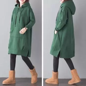 Yousheng Женская толстовка с капюшоном на осень-зиму с большим карманом, завязками на шнурке, разрезом по низу, однотонная свободная толстовка длиной до колена, плюшевый пуловер с капюшоном на каждый день L зелёный