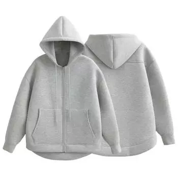 Yousheng Женская толстовка с капюшоном на осень-зиму с толстым капюшоном, застежкой-молнией, длинными рукавами и большими карманами, однотонная свободная эластичная манжета, спортивное пальто на шнурке S темно-серого