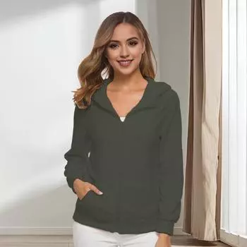 Yousheng Женская толстовка с капюшоном на осень-зиму, толстая плюшевая застежка-молния, длинные рукава, однотонная куртка больших размеров, повседневная верхняя одежда для путешествий и поездок на работу S армия зеленый