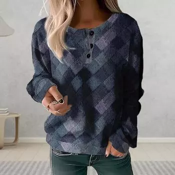 Yousheng Женская толстовка Винтажная цветная клетчатая весна-осень с круглым вырезом и 3 пуговицами, декоративная, свободная, большого размера, мягкая, теплая, женская, повседневная, с длинными рукавами 2XL