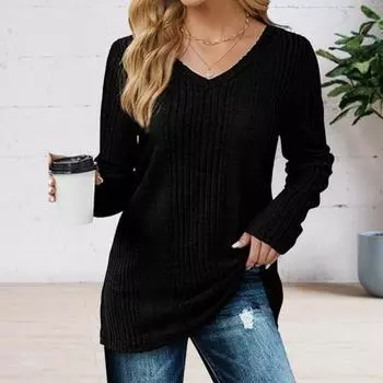 Yousheng Женская туника-свитер с V-образным вырезом и длинным рукавом, однотонные ребристые повседневные топы, облегающие трикотажные свободные топы на осень S
